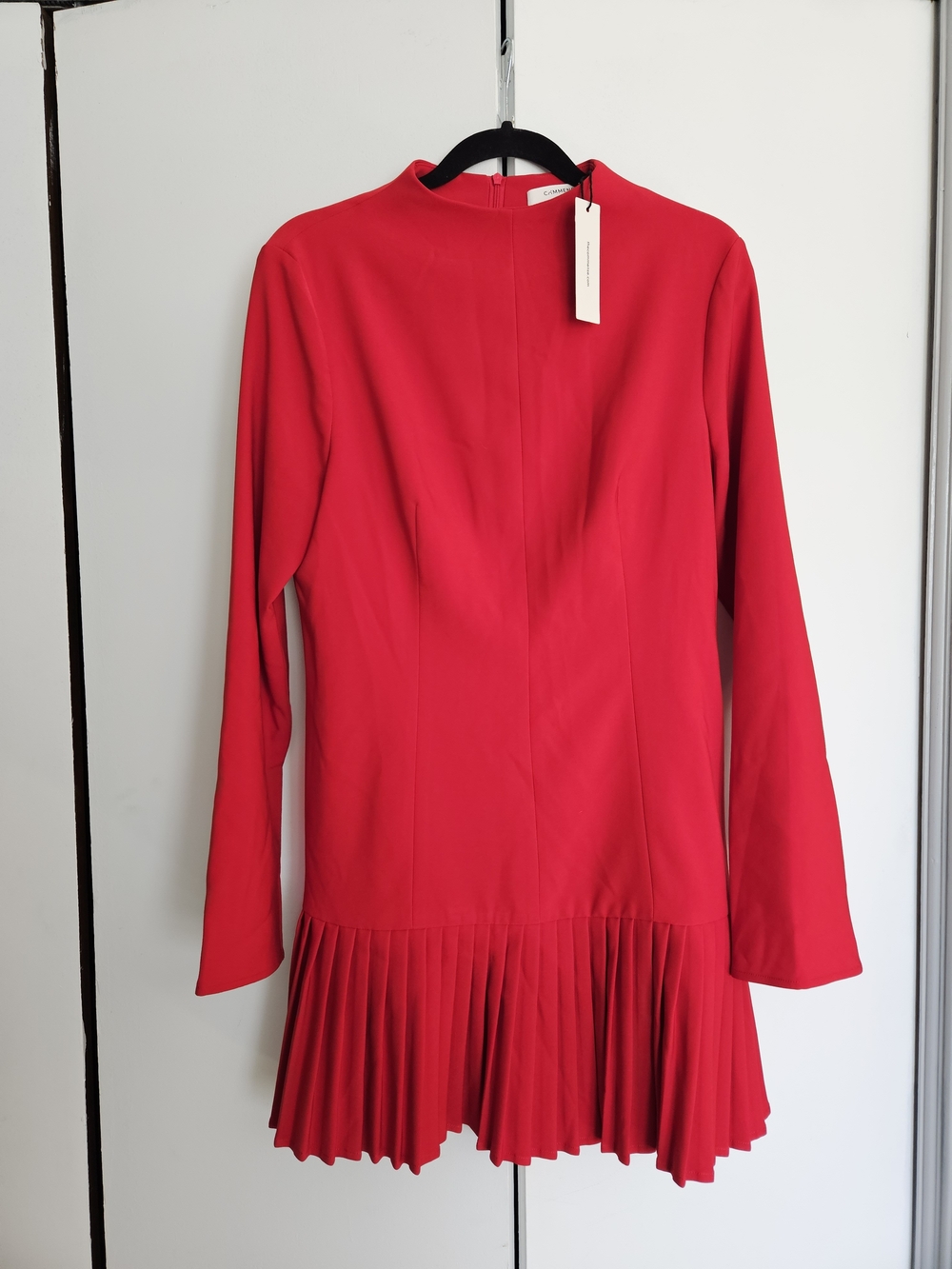 Commense Bold Red Long-Sleeve Pleated-Hem Dress